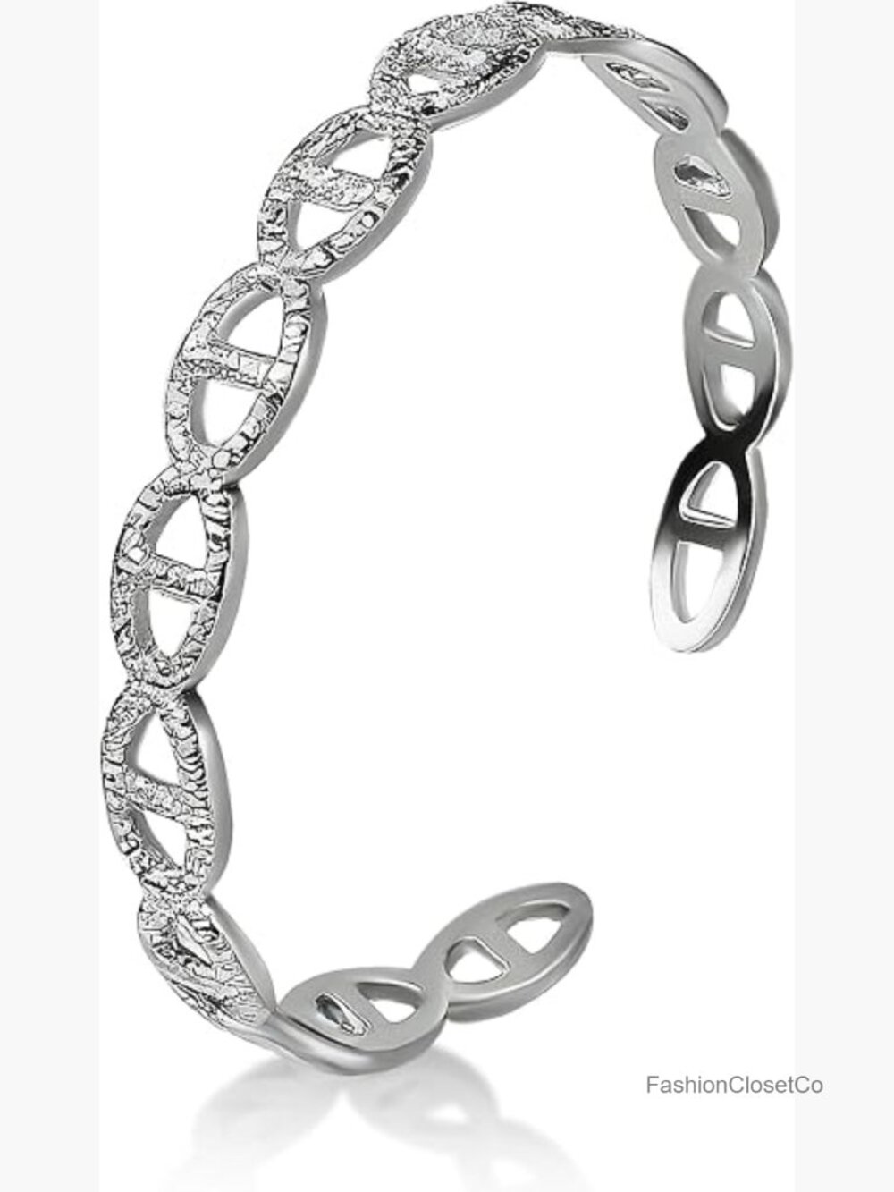Hammered Silver Cuff Bracelet Bangle, Titanium Steel Adjustable Openwork Design - Picture 1 of 7
